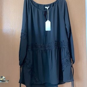 NWT Dress Tunic Unique True Black! Gauzy Lace draw strings Lined BoHo Adorable!!